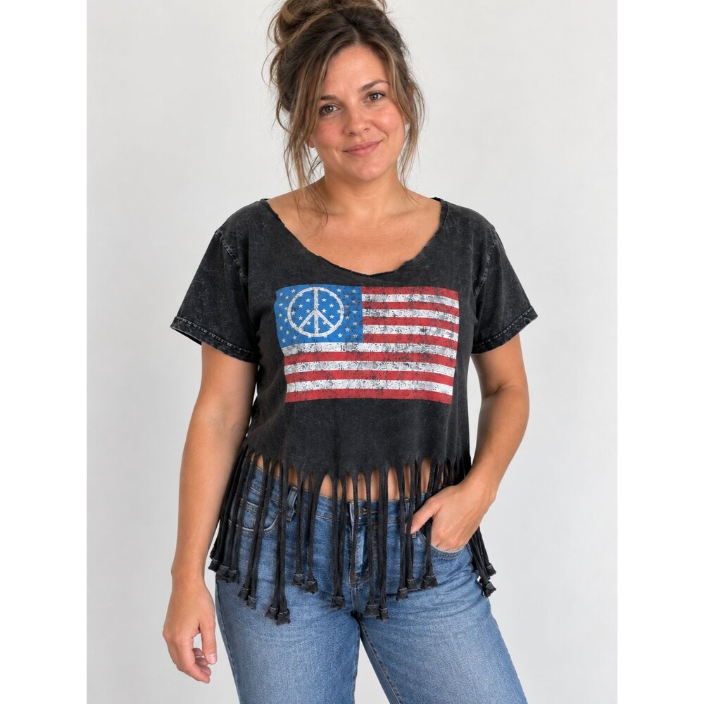 Mighty Fine Women’s L Peace Sign USA Flag Graphic Fringe Hem Cut Neck Tee Shirt